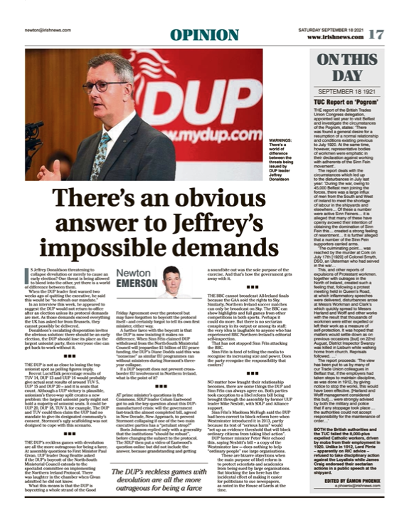 Image shows a thumbnail of a PDF of the Irish News page containing the Eamon Phoenix On This Day column dated 18th September 2021, detailing events reported on 18th September 1921