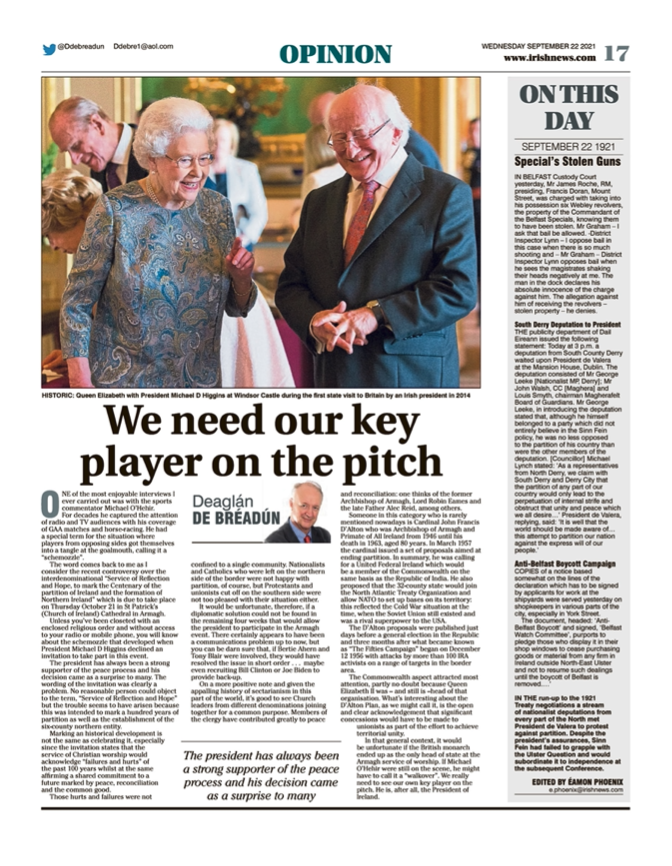 Image shows a thumbnail of a PDF of the Irish News page containing the Eamon Phoenix On This Day column dated 22nd September 2021, detailing events reported on 22nd September 1921