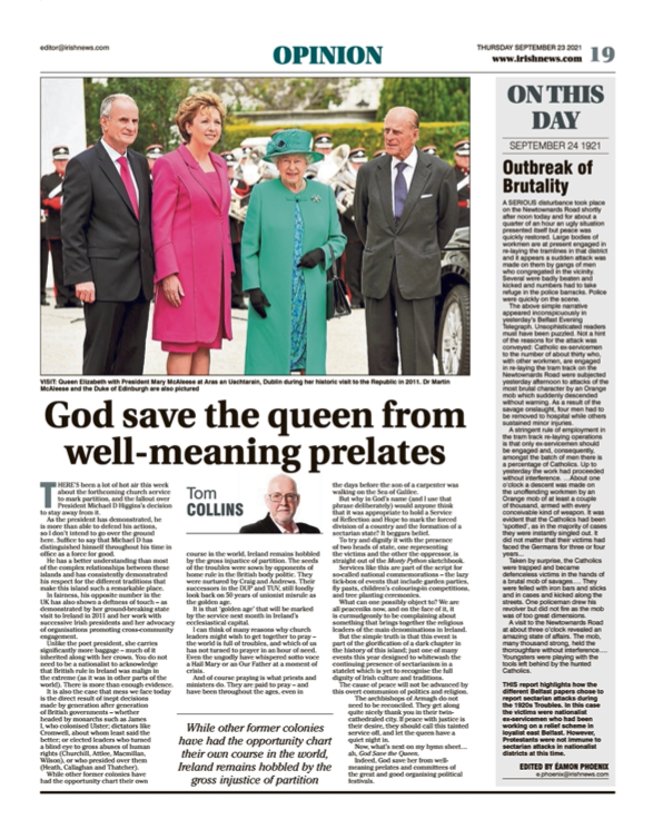 Image shows a thumbnail of a PDF of the Irish News page containing the Eamon Phoenix On This Day column dated 23rd September 2021, detailing events reported on 23rd September 1921