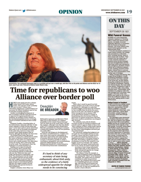 Image shows a thumbnail of a PDF of the Irish News page containing the Eamon Phoenix On This Day column dated 29th September 2021, detailing events reported on 29th September 1921