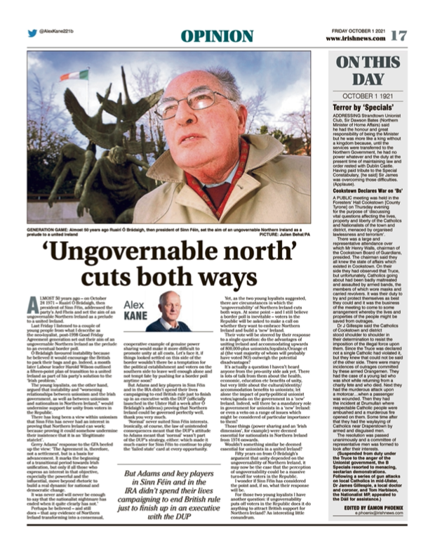 Image shows a thumbnail of a PDF of the Irish News page containing the Eamon Phoenix On This Day column dated 1st October 2021, detailing events reported on 1st October 1921