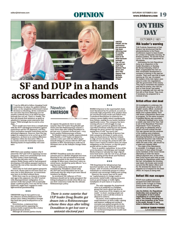 Image shows a thumbnail of a PDF of the Irish News page containing the Eamon Phoenix On This Day column dated 2nd October 2021, detailing events reported on 2nd October 1921