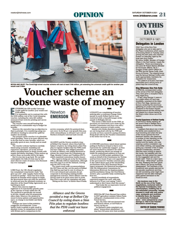 Image shows a thumbnail of a PDF of the Irish News page containing the Eamon Phoenix On This Day column dated 9th October 2021, detailing events reported on 9th October 1921