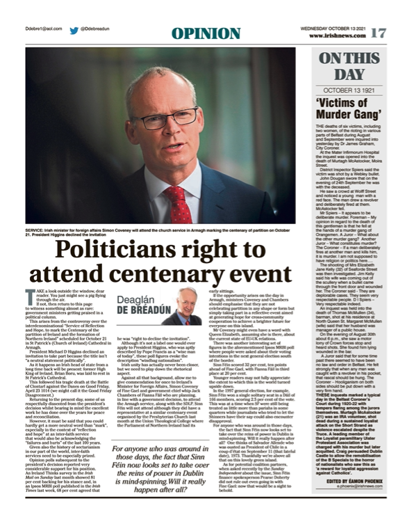 Image shows a thumbnail of a PDF of the Irish News page containing the Eamon Phoenix On This Day column dated 13th October 2021, detailing events reported on 13th October 1921