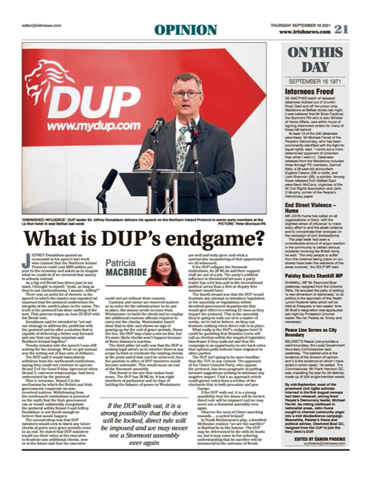 Image shows a thumbnail of a PDF of the Irish News page containing the Eamon Phoenix On This Day column dated 16th September 2021, detailing events reported on 16th September 1971