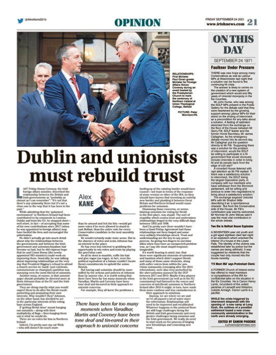Image shows a thumbnail of a PDF of the Irish News page containing the Eamon Phoenix On This Day column dated 24th September 2021, detailing events reported on 24th September 1971