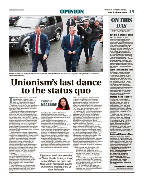 Image shows a thumbnail of a PDF of the Irish News page containing the Eamon Phoenix On This Day column dated 30th September 2021, detailing events reported on 30th September 1971