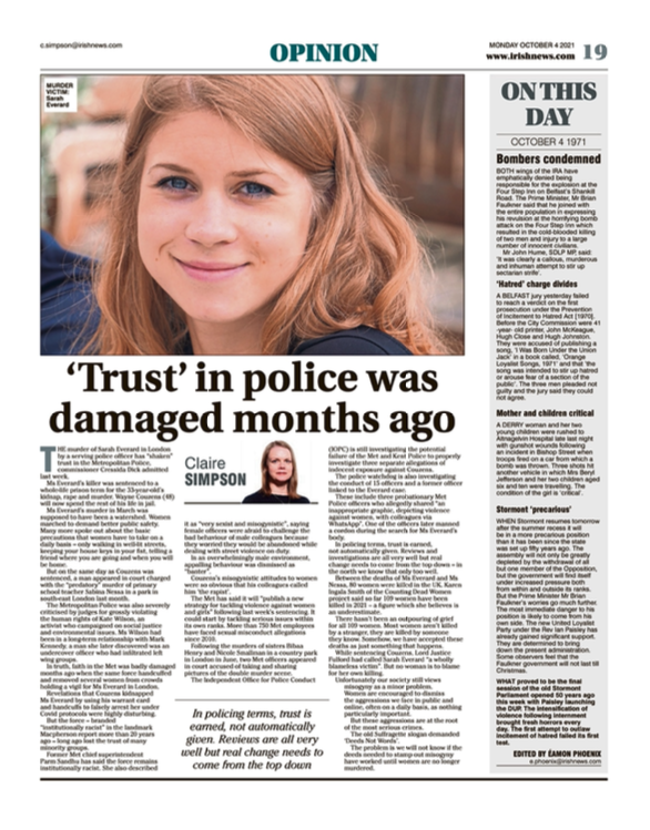 Image shows a thumbnail of a PDF of the Irish News page containing the Eamon Phoenix On This Day column dated 4th October 2021, detailing events reported on 4th October 1971