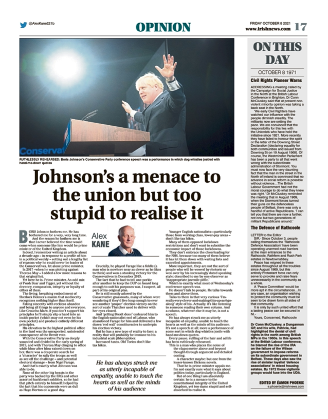 Image shows a thumbnail of a PDF of the Irish News page containing the Eamon Phoenix On This Day column dated 8th October 2021, detailing events reported on 8th October 1971