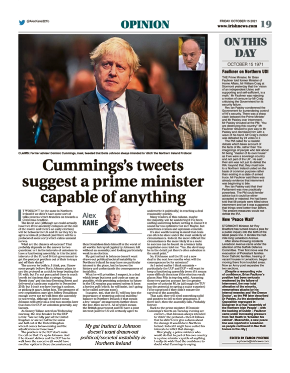 Image shows a thumbnail of a PDF of the Irish News page containing the Eamon Phoenix On This Day column dated 15th October 2021, detailing events reported on 15th October 1971