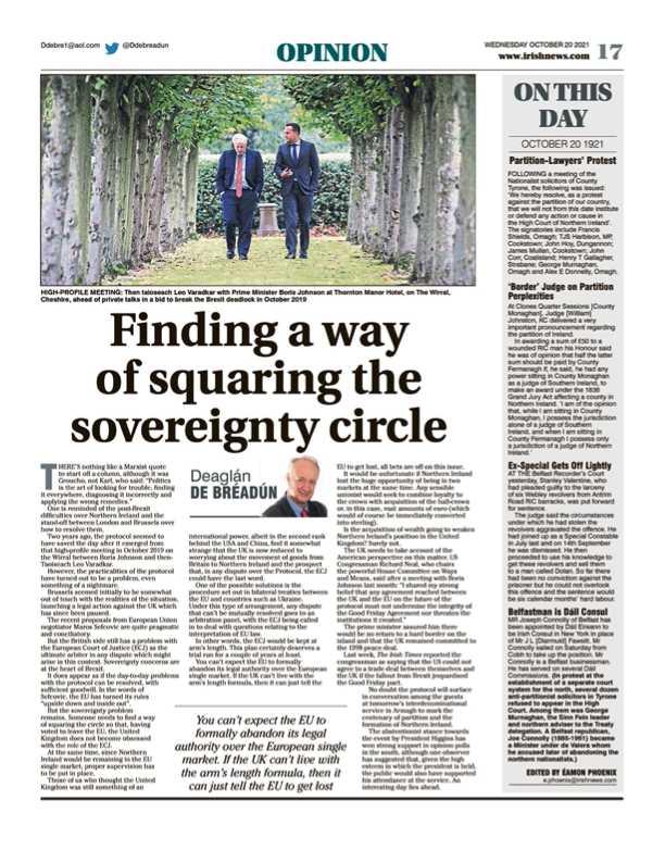 Image shows a thumbnail of a PDF of the Irish News page containing the Eamon Phoenix On This Day column dated 20th October 2021, detailing events reported on 20th October 1921