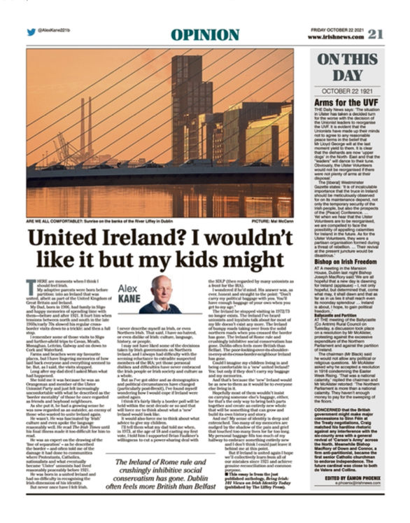Image shows a thumbnail of a PDF of the Irish News page containing the Eamon Phoenix On This Day column dated 22nd October 2021, detailing events reported on 22nd October 1921