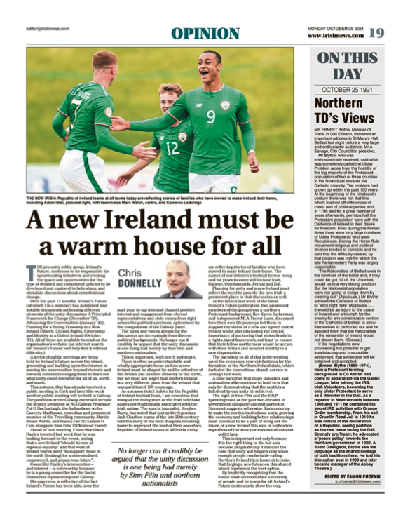 Image shows a thumbnail of a PDF of the Irish News page containing the Eamon Phoenix On This Day column dated 25th October 2021, detailing events reported on 25th October 1921