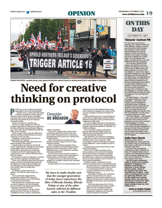 Image shows a thumbnail of a PDF of the Irish News page containing the Eamon Phoenix On This Day column dated 27th October 2021, detailing events reported on 27th October 1921