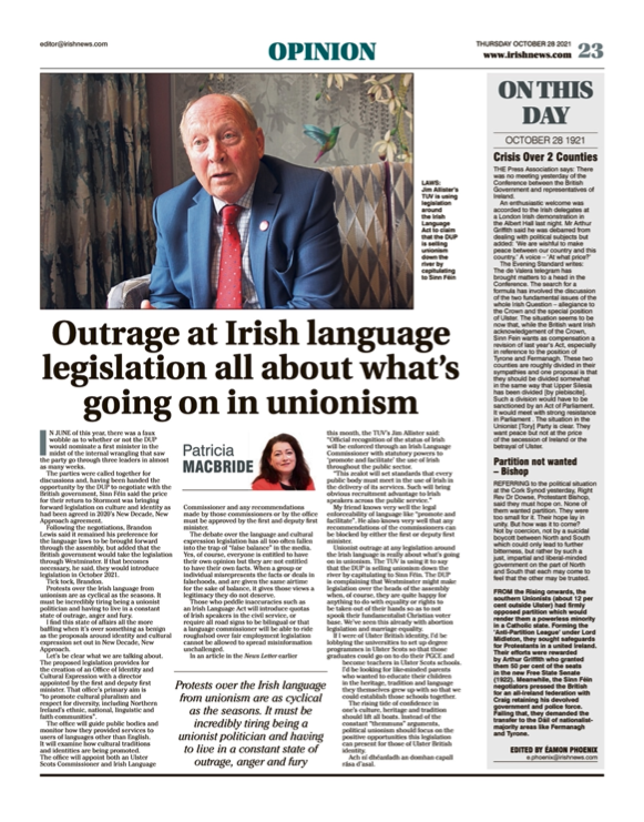 Image shows a thumbnail of a PDF of the Irish News page containing the Eamon Phoenix On This Day column dated 28th October 2021, detailing events reported on 28th October 1921