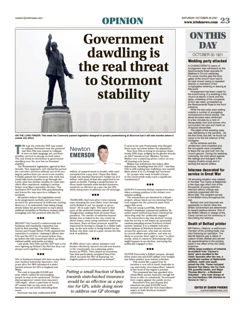 Image shows a thumbnail of a PDF of the Irish News page containing the Eamon Phoenix On This Day column dated 30th October 2021, detailing events reported on 30th October 1921