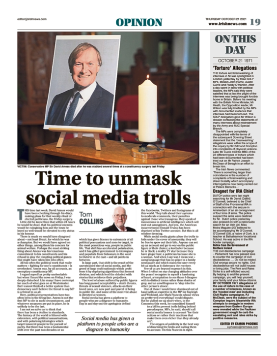 Image shows a thumbnail of a PDF of the Irish News page containing the Eamon Phoenix On This Day column dated 21st October 2021, detailing events reported on 21st October 1971