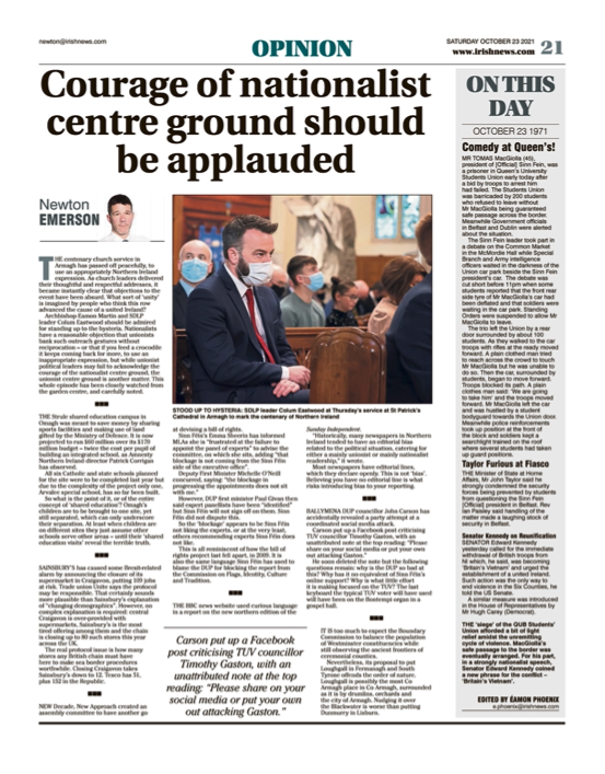 Image shows a thumbnail of a PDF of the Irish News page containing the Eamon Phoenix On This Day column dated 23rd October 2021, detailing events reported on 23rd October 1971