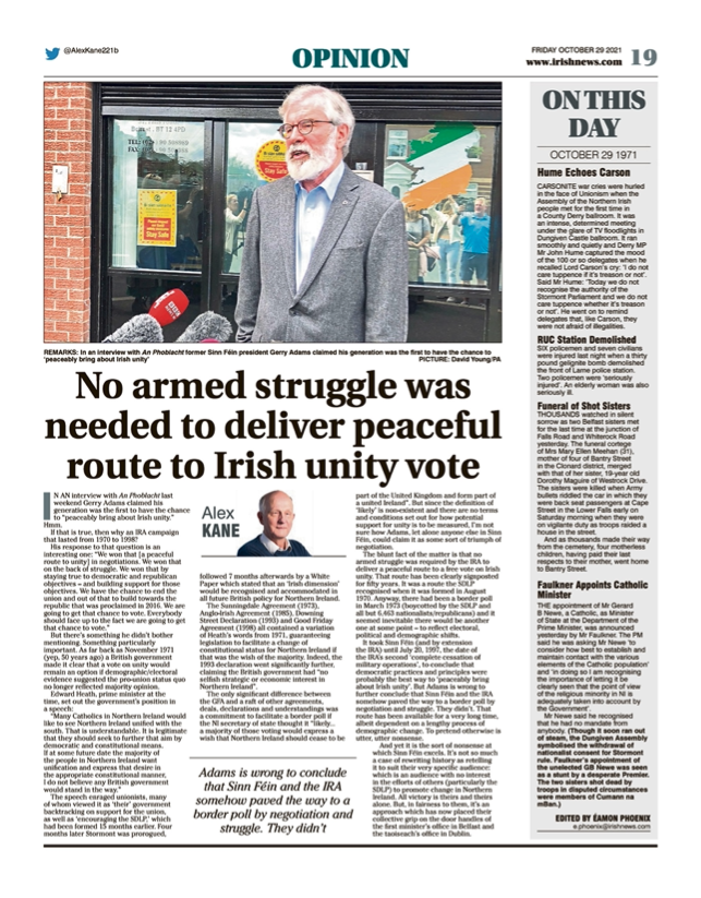 Image shows a thumbnail of a PDF of the Irish News page containing the Eamon Phoenix On This Day column dated 29th October 2021, detailing events reported on 29th October 1971